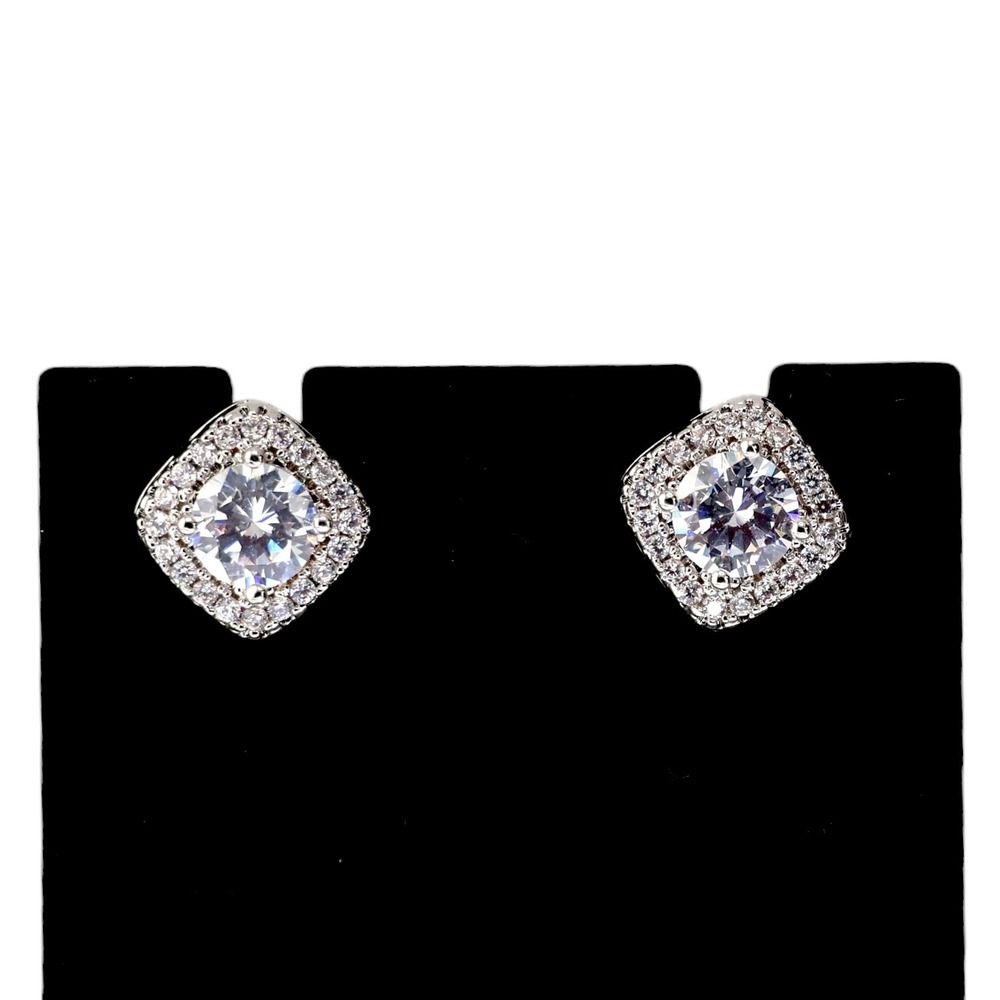 Swarovski Elements Cushion Pavé Halo Crystal Stud Earrings Silver Tone New